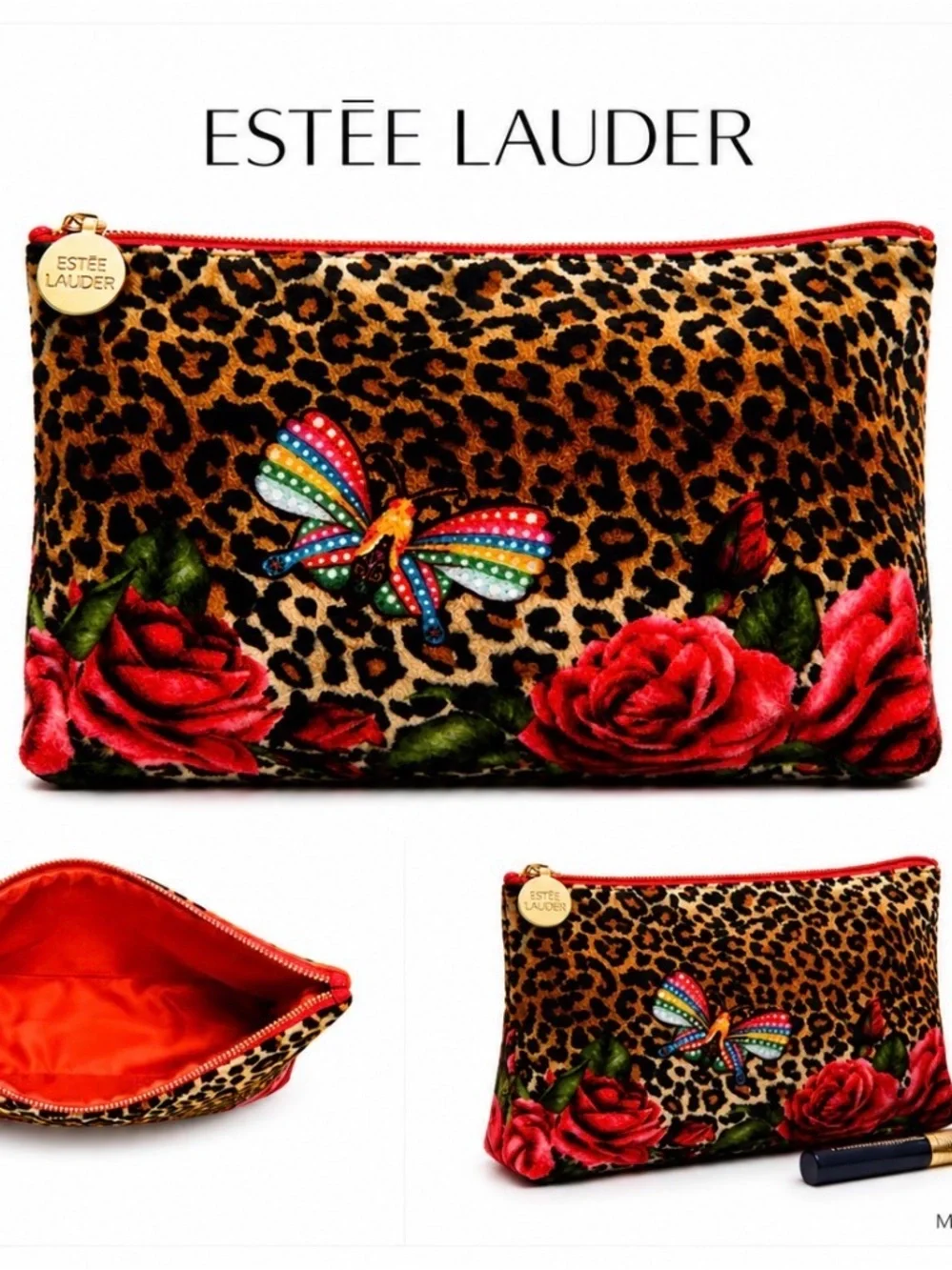 Estée Lauder Leopard Cosmetic Pouch with Red Roses & Multicolor Butterfly NWOT